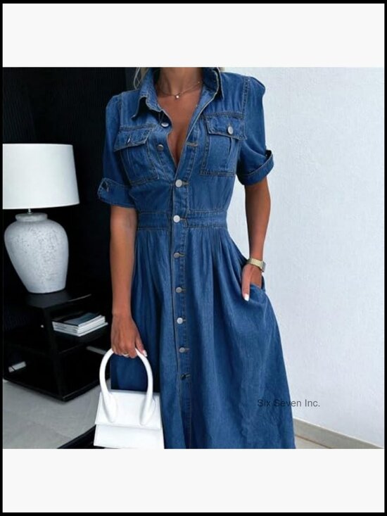 Denim Shirt Dress V-Neck Short Sleeve A-Line with Pockets - Picture 3 of 7